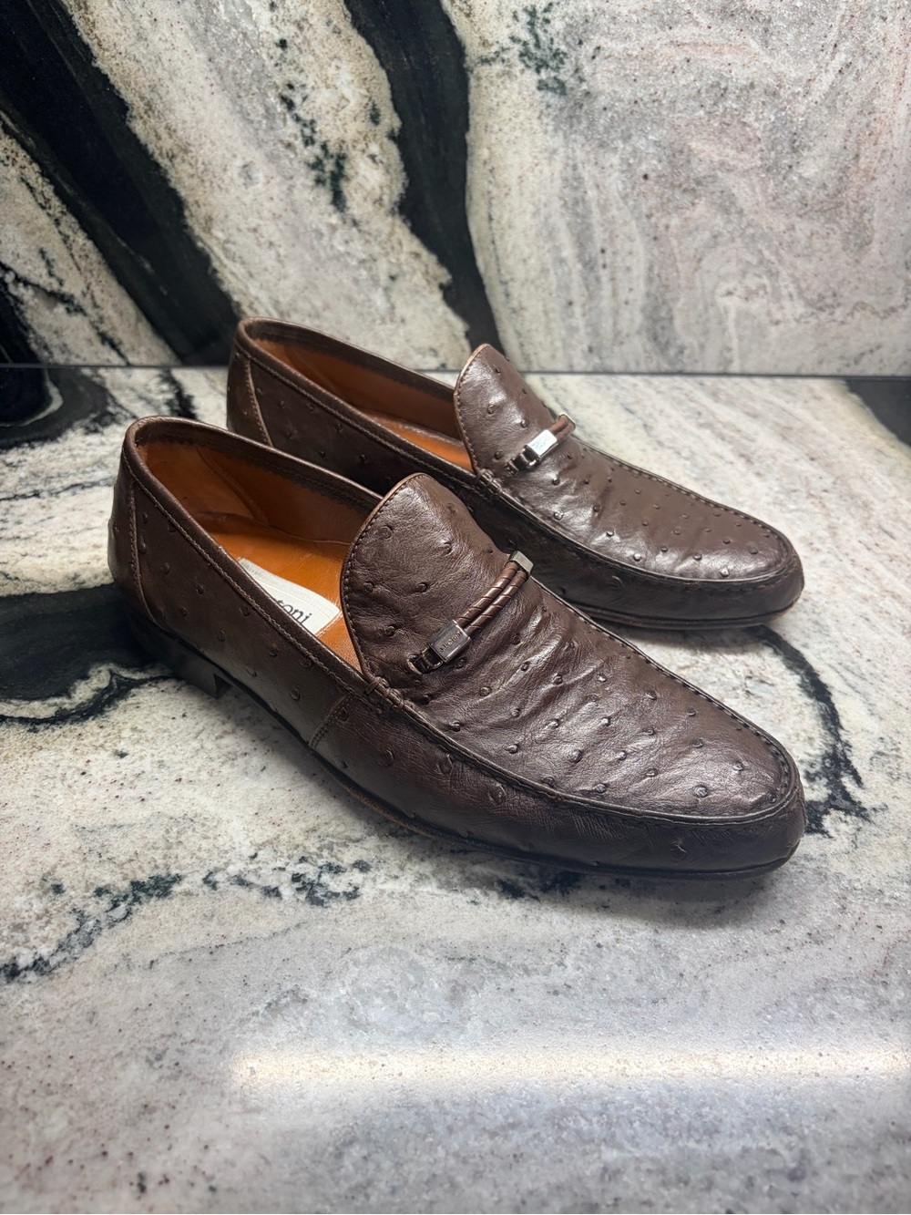 A. Testoni Brown Genuine Ostrich Leather Loafers Italy UK 8 G US ~9.5